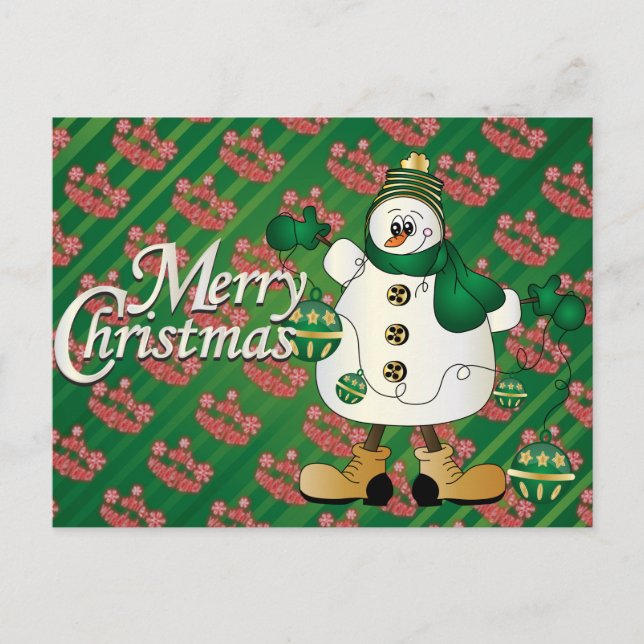 Merry Christmas Green Snowman Holiday Postcard (Front)