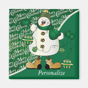 Merry Christmas Green Snowman Magnet