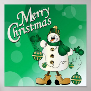 Merry Christmas Green Snowman Poster