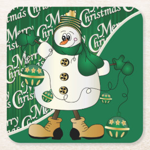 Merry Christmas Green Snowman Square Paper Coaster