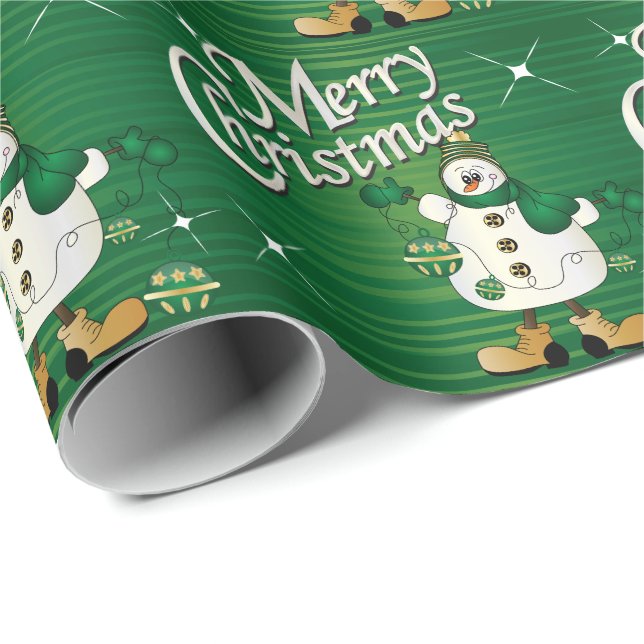 Merry Christmas Green Snowman Wrapping Paper (Roll Corner)