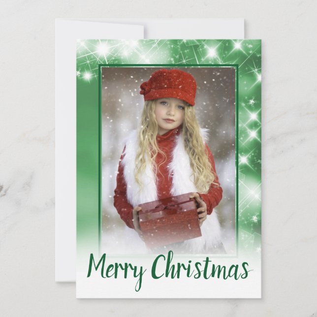 Merry Christmas Green Sparkle Holiday Photo Card (Front)