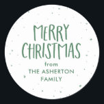 Merry Christmas green stars dots personalised gift Classic Round Sticker<br><div class="desc">Merry Christmas! This green and white holiday gift sticker is a fun and festive touch to all your Christmas presents. Featuring hand-drawn stars and dots along with a "Merry Christmas, " this simple gift tag design also has room for custom text. Find matching gift wrap as well as holiday photo...</div>