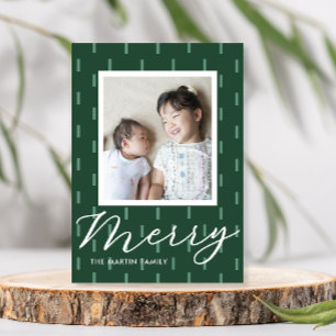 Merry Christmas Green Stiched Print Photo Holiday Card