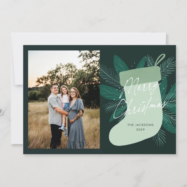 Merry Christmas Green Stocking Holiday Card (Front)