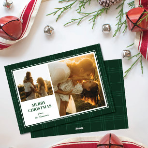 Merry Christmas Green Stripe Plaid Two Photo Frame Holiday Card