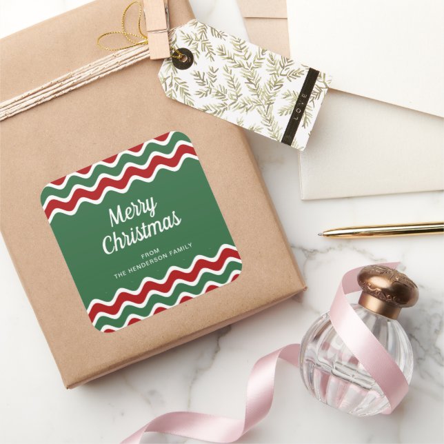 Merry Christmas Green Striped Pattern Square Sticker (Gifting)