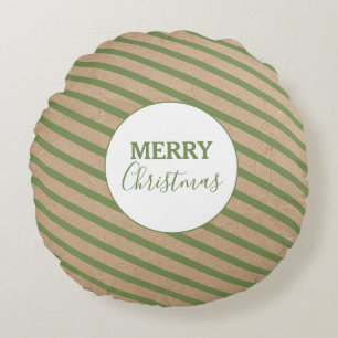 Merry Christmas Green Stripes Kraft Rustic Round Cushion