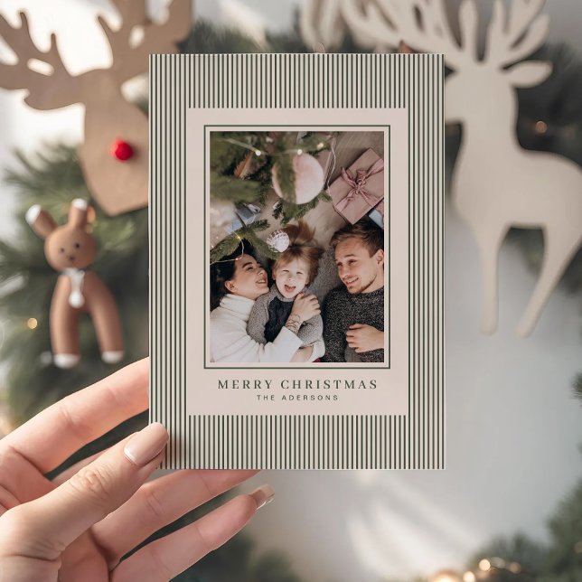 Merry Christmas Green Stripes Photo Personalised Holiday Card (Creator Uploaded)