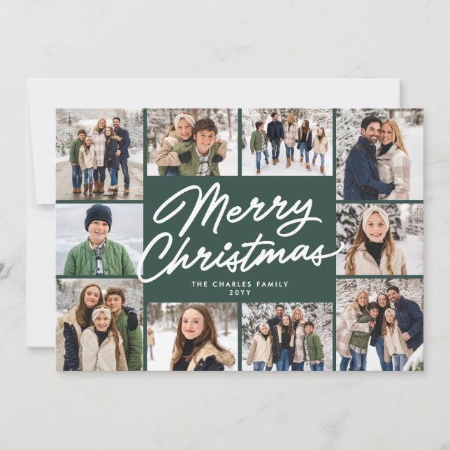Merry Christmas green ten photo collage Holiday Card (Front)