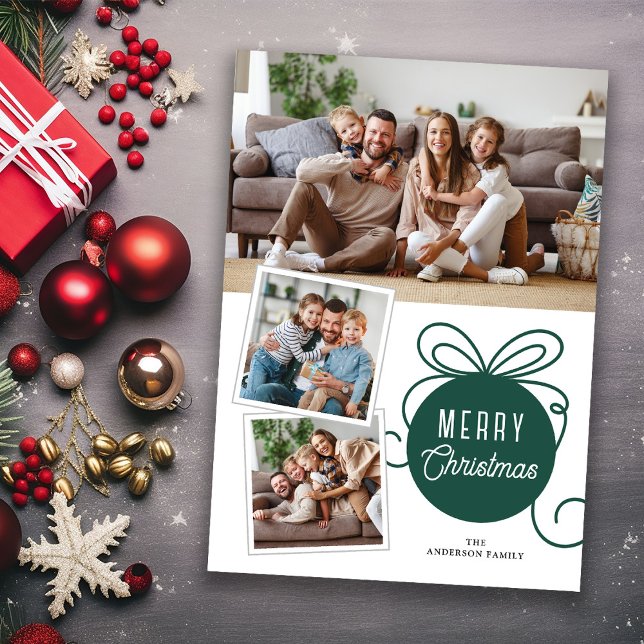 Merry Christmas Green Tree Ornament 3 Photos Holiday Card (Creator Uploaded)