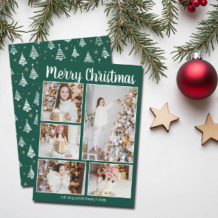 Merry Christmas Green Trees Family Photo Collage Holiday Card