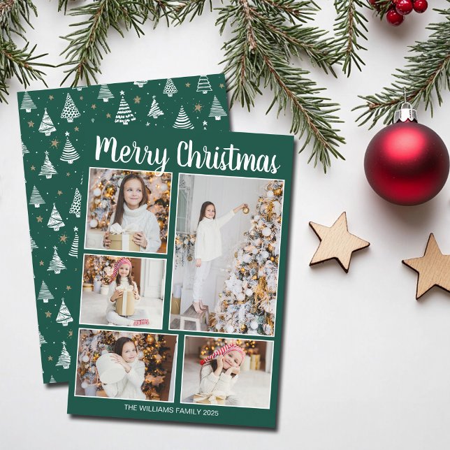 Merry Christmas Green Trees Family Photo Collage Holiday Card (Creator Uploaded)