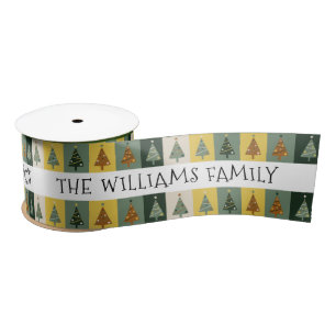 Merry Christmas Green Trees Personalised Name Satin Ribbon