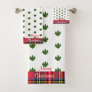 Merry Christmas Green Trees Plaid Bath Towel Set