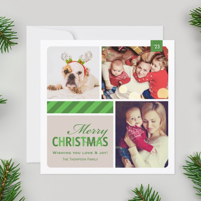Merry Christmas Green Vintage Photo Collage Holiday Card (Creator Uploaded)