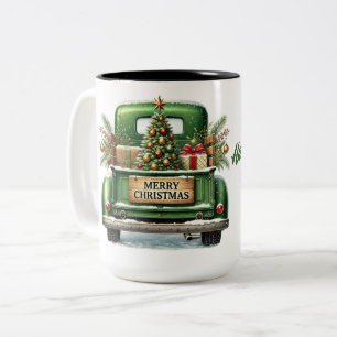 Merry Christmas Green Vintage Truck Two-Tone Coffee Mug