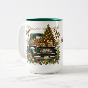 Merry Christmas Green Vintage Truck Two-Tone Coffee Mug