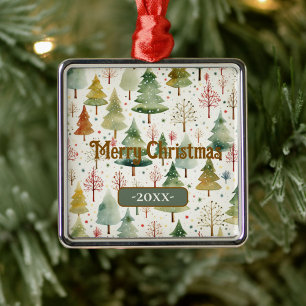 Merry Christmas Green Watercolor Pine Trees  Metal Tree Decoration