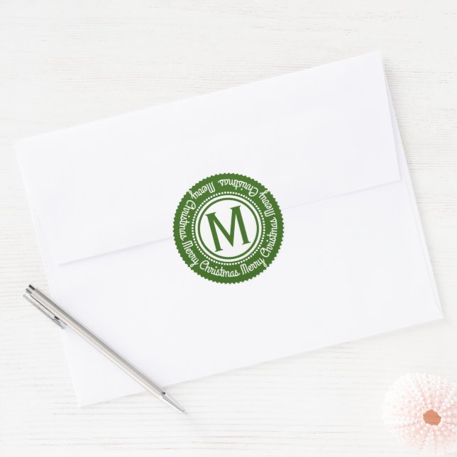 Merry Christmas Green & White Holiday ANY Monogram Classic Round Sticker (Envelope)