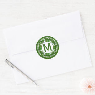 Merry Christmas Green & White Holiday ANY Monogram Classic Round Sticker