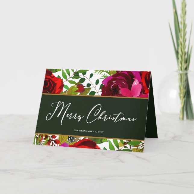 Merry Christmas Green White Script Floral Holiday Card (Front)