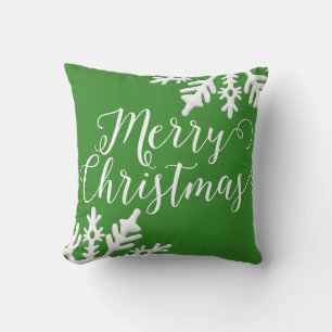 Merry Christmas Green White Snowflakes Christmas Cushion