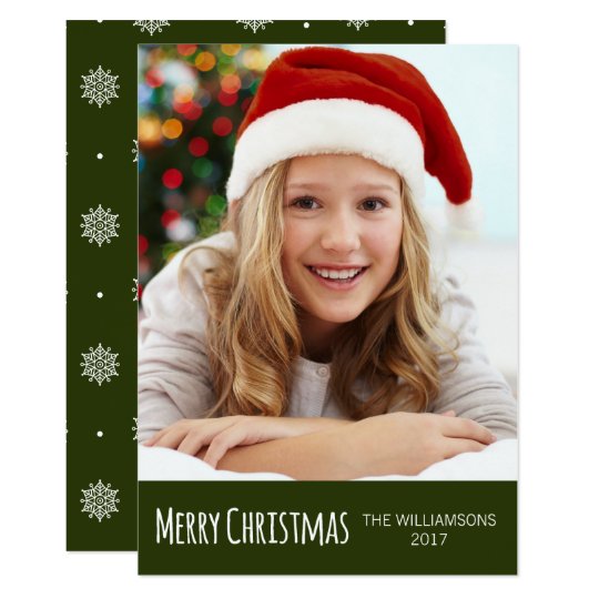 Merry Christmas Green White Snowflakes Photo Card