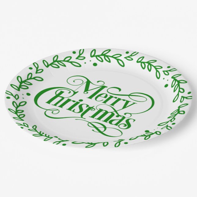 MERRY CHRISTMAS GREEN WREATH PAPER PLATE (Angled)