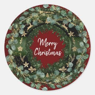 Merry Christmas Green Wreath Winter Gold Burgundy Classic Round Sticker