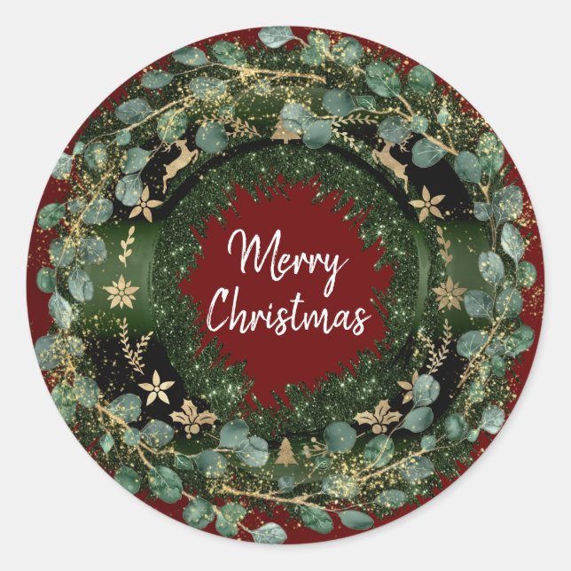 Merry Christmas Green Wreath Winter Gold Burgundy Classic Round Sticker (Front)