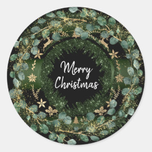 Merry Christmas Green Wreath Winter Gold Reindeer Classic Round Sticker