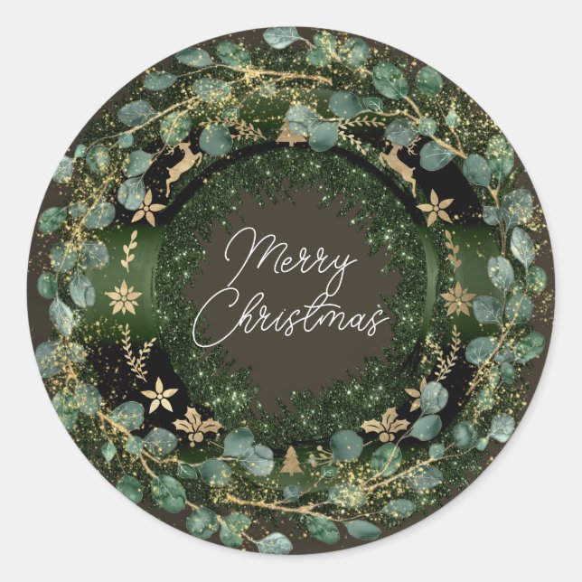 Merry Christmas Green Wreath Winter Gold Woodland Classic Round Sticker (Front)