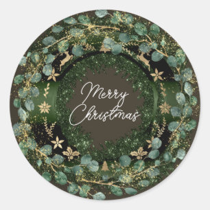 Merry Christmas Green Wreath Winter Gold Woodland Classic Round Sticker