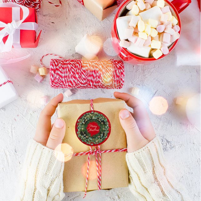 Merry Christmas Green Wreath Winter Red Woodland  Classic Round Sticker (Merry Christmas Green Wreath Winter Red Woodland Classic Round Sticker)