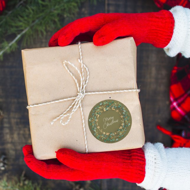 Merry Christmas Green Wreath Woodland Wood Mustard Classic Round Sticker (Merry Christmas Green Wreath Woodland Wood Mustard Classic Round Sticker)