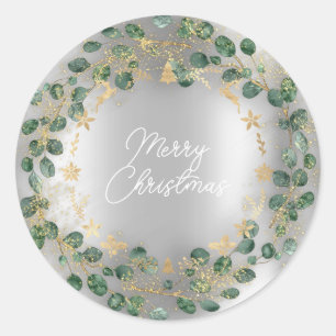 Merry Christmas Green Wreath Woodland Wood Silver Classic Round Sticker