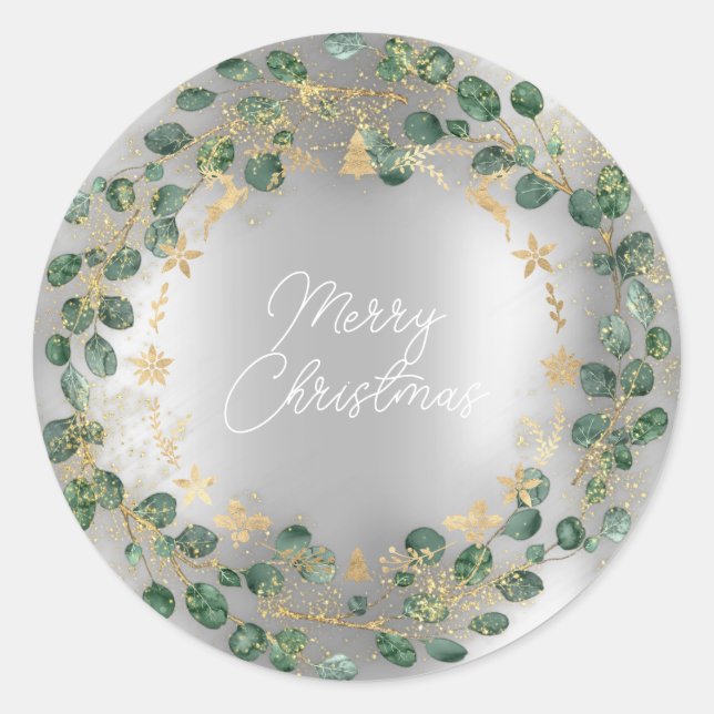 Merry Christmas Green Wreath Woodland Wood Silver Classic Round Sticker (Front)
