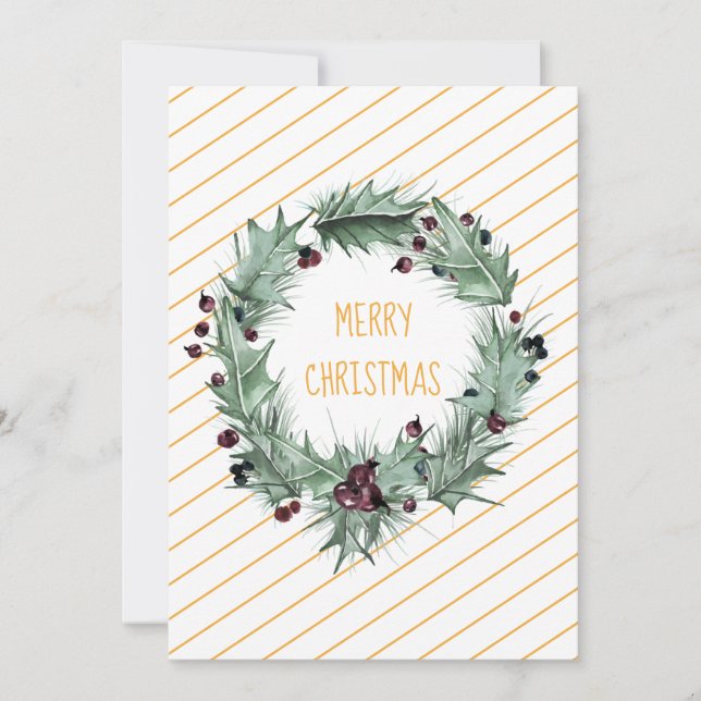 Merry Christmas Green Wreath Yellow Stripe  Holiday Card (Front)