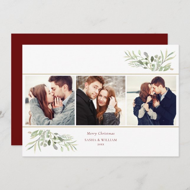 Merry Christmas Greenery 3 Photo Collage Holiday Card (Front/Back)