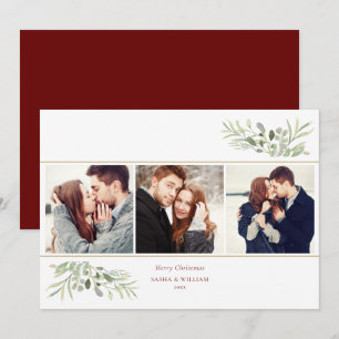 Merry Christmas Greenery 3 Photo Collage Holiday Card