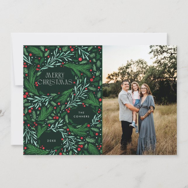 Merry Christmas Greenery and berrie Holiday Design Card (Front)