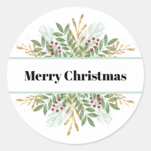 Merry Christmas Greenery and Berries Classic Round Sticker