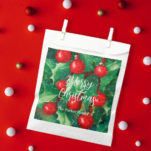 Merry Christmas Greenery and Red Berries Favour Bags