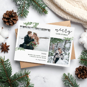 Merry Christmas   Greenery Branches 2 Photo Holiday Card