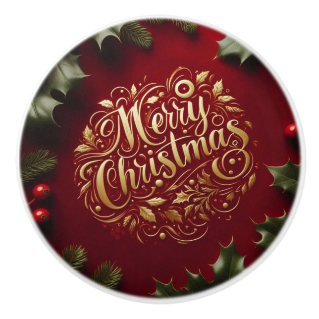 Merry Christmas greenery  Ceramic Knob (Front)