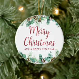 Merry Christmas Greenery Ceramic Ornament