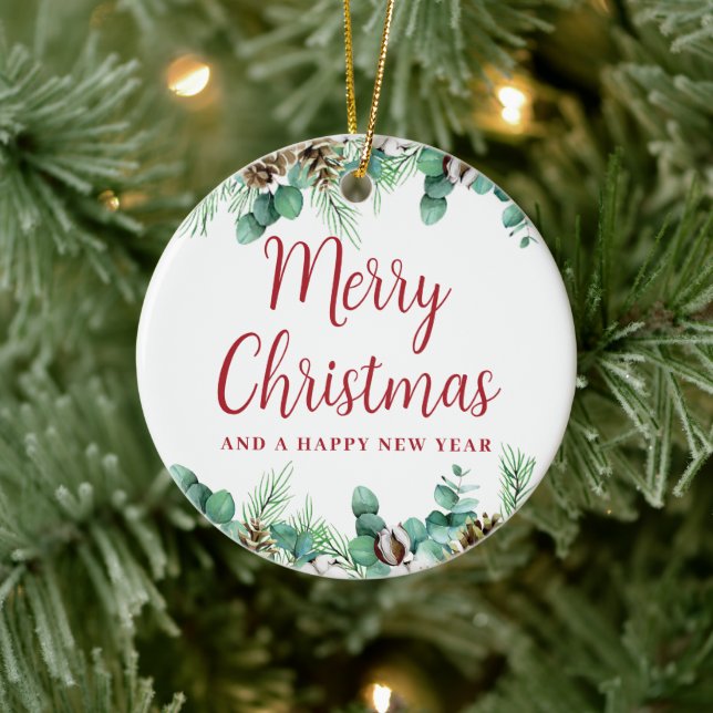 Merry Christmas Greenery Ceramic Ornament (Tree)