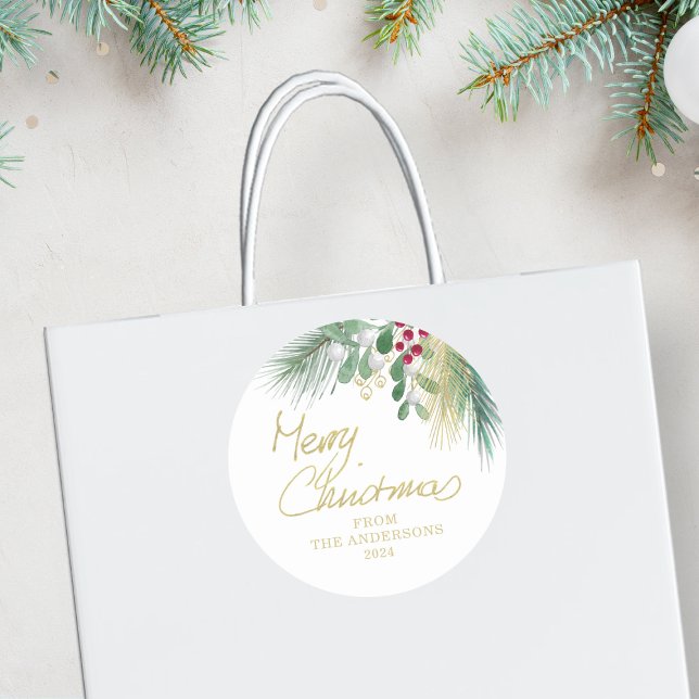 Merry Christmas Greenery Classic Round Sticker (Creator Uploaded)