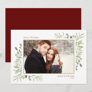 Merry Christmas Greenery Couple Photo Holiday Card